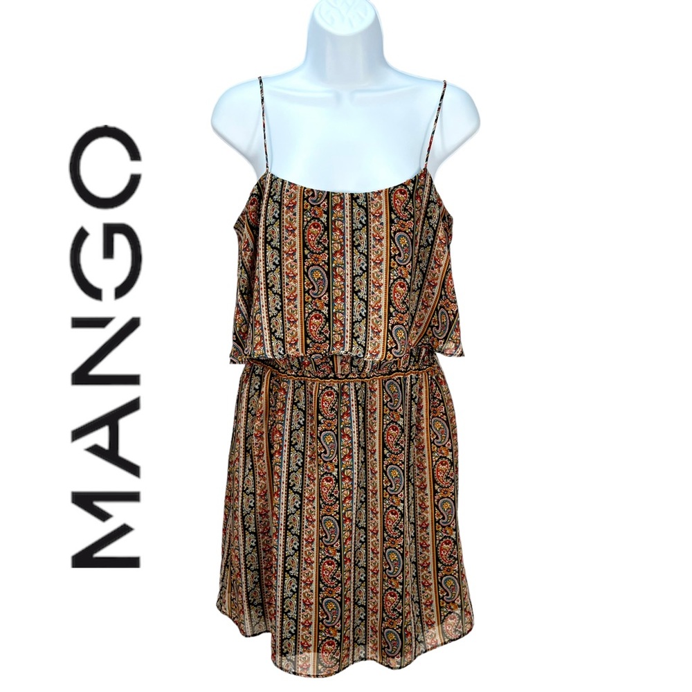Mango Women’s Large Boho Mini Summer Dress Brown Paisley‎ Sleeveless Lightweight